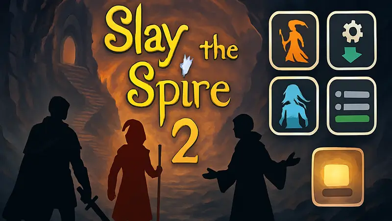 Обложка Slay the Spire 2 с иконками нескольких модов, показывающих новых персонажей и улучшения интерфейса.