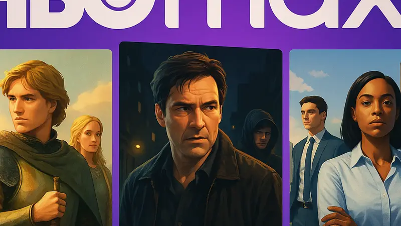 Обложки или постеры сериалов "Рыцарь Семи Королевств", "Питт" и "Индустрия" на фоне логотипа HBO Max.