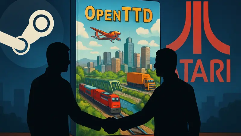 Обложка OpenTTD на фоне логотипа Steam и Atari, символизирующая урегулирование конфликта.