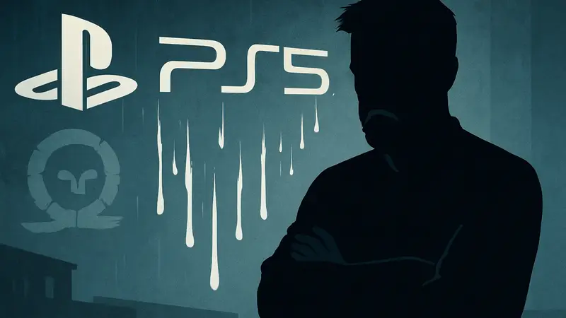 Кори Барлог, директор God of War, с выражением недовольства, на фоне логотипа PlayStation 5, символизирующего утечки игры.