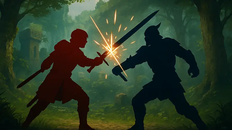 Персонаж Everwind выполняет парирование вражеской атаки мечом, с яркими искрами.