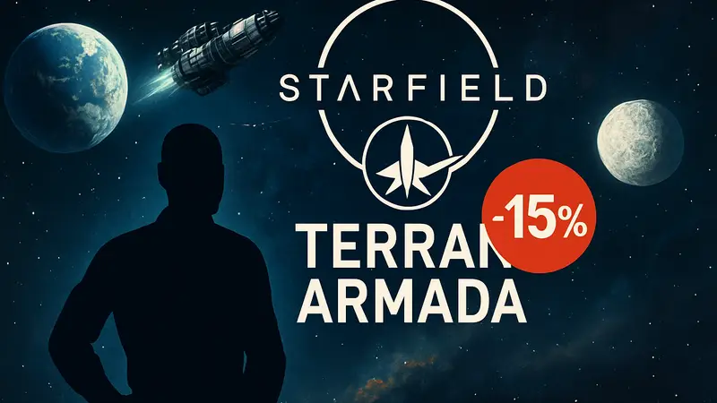 Логотип DLC Terran Armada для игры Starfield на фоне космоса со скидкой 15%