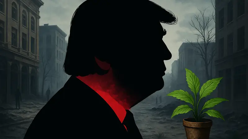 Дональд Трамп с покрасневшей шеей, рядом зеленая трава из Resident Evil.