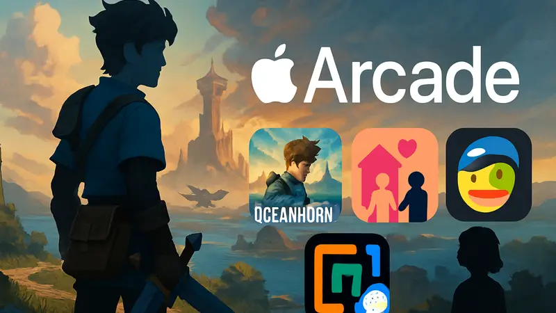 Логотип Apple Arcade с обложкой игры Oceanhorn 3 на первом плане и иконками других новых эксклюзивов.