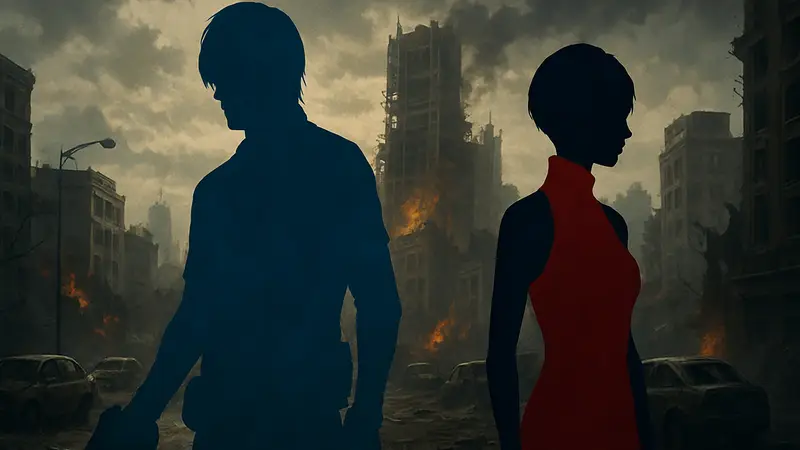 Логотип Resident Evil Requiem с изображением Леона Кеннеди и Эйды Вонг на фоне заражённого города.