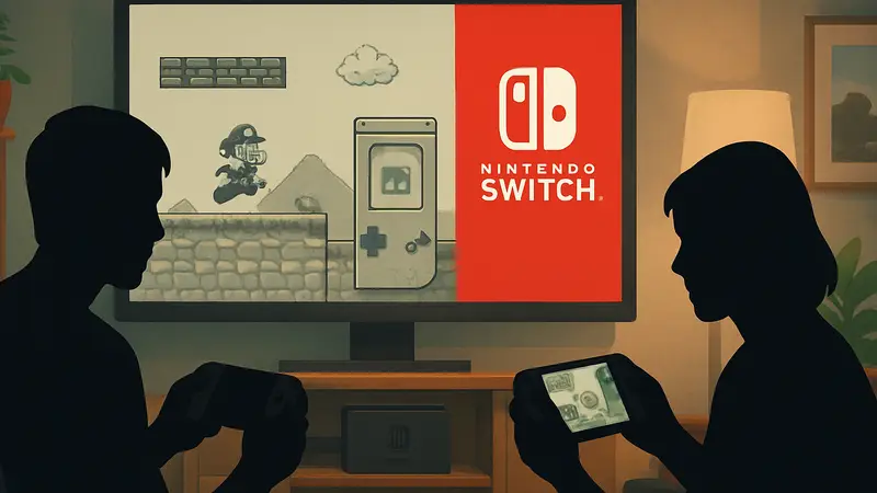 Игроки наслаждаются классическими играми Game Boy на Nintendo Switch. Логотип Nintendo Switch Online.