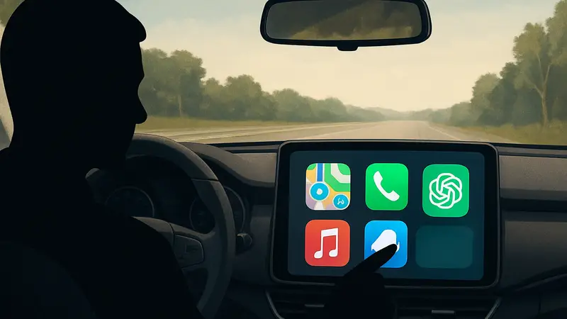 Интерфейс Apple CarPlay с интегрированным ChatGPT, экран автомобиля