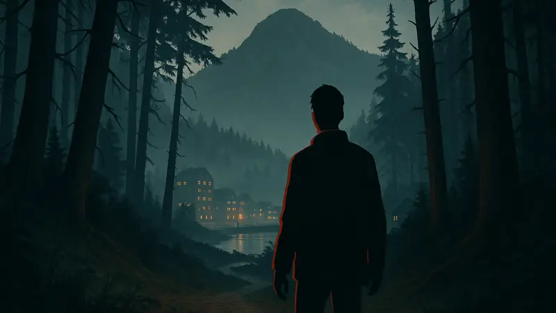 Кадр из геймплея хоррор-метроидвании Silver Pines, показывающий мрачный лес и город.