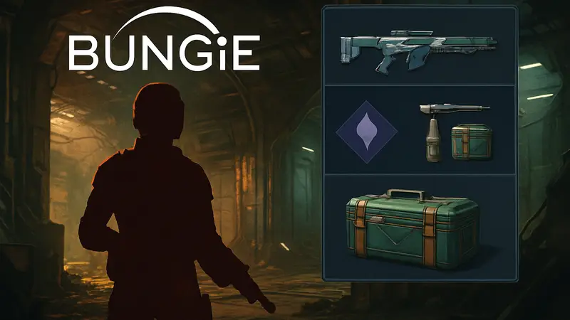 Логотип Bungie и элементы интерфейса игры Marathon, показывающие систему добычи лута