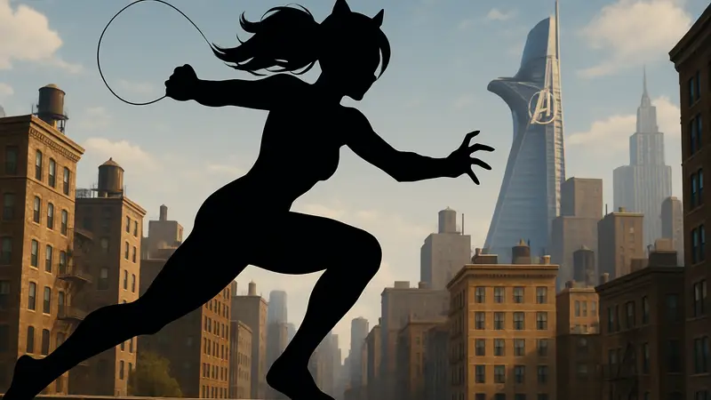 Чёрная Кошка из Marvel's Spider-Man 2 в динамичной позе, символизирующая физические нагрузки актрисы.