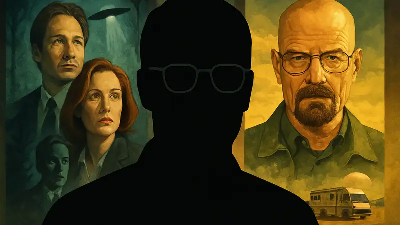 Винс Гиллиган на фоне постеров сериалов X-Files и Breaking Bad, символизирующих их связь