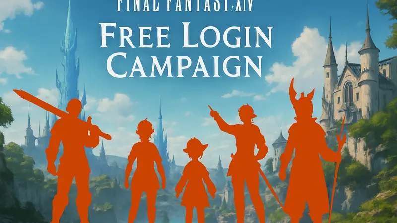 Скриншот Final Fantasy XIV с персонажами и логотипом Free Login Campaign
