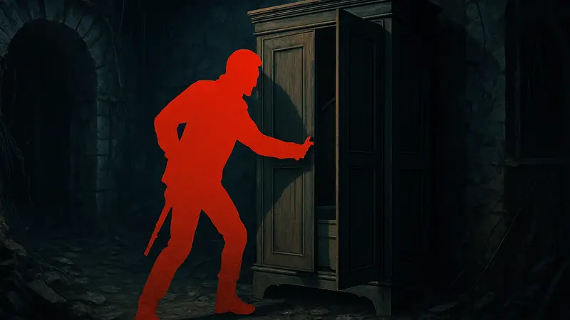 Игрок Resident Evil 9 открывает Warped Closet в мрачной локации, скриншот из игры.