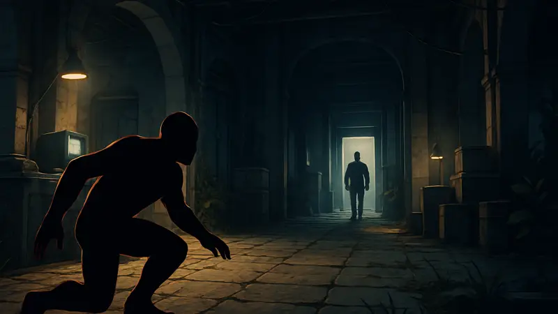 Геймплей Darwin’s Paradox, персонаж в режиме скрытности, стелс-игра.