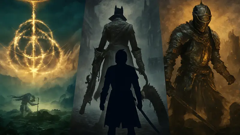 Коллаж из обложек лучших Soulslike-игр, включая Elden Ring, Bloodborne и Dark Souls, символизирующих жанр.