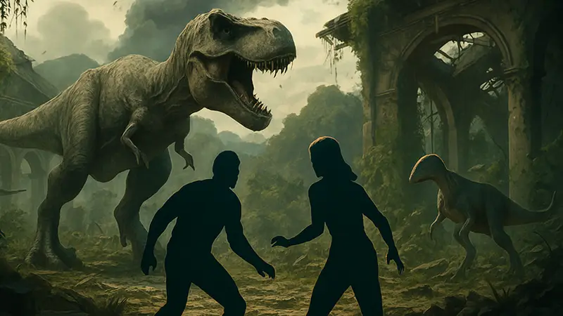 Кадр из фильма "Мир Юрского периода: Падшее Королевство" с динозаврами и главными героями.