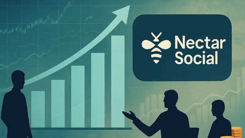 Логотип Nectar Social на фоне графиков роста, символизирующий инвестиции в AI-маркетинг.