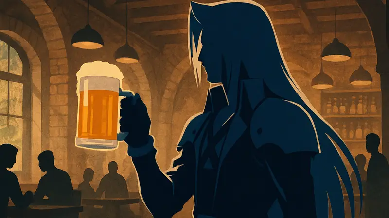 Сефирот из Final Fantasy 7 Rebirth держит кружку пива в рекламном ролике.