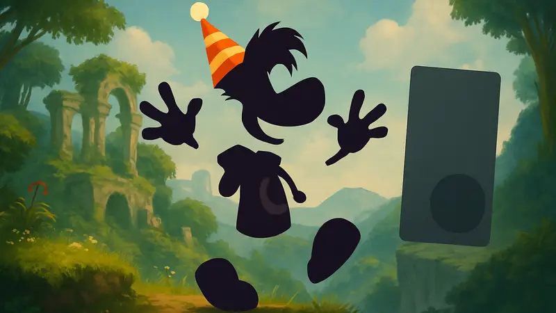 Рэйман из Rayman 30th Anniversary Edition в праздничном колпаке.