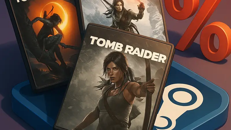 Обложки трех игр Tomb Raider, лежащие на платформе Steam, символизирующие скидку.