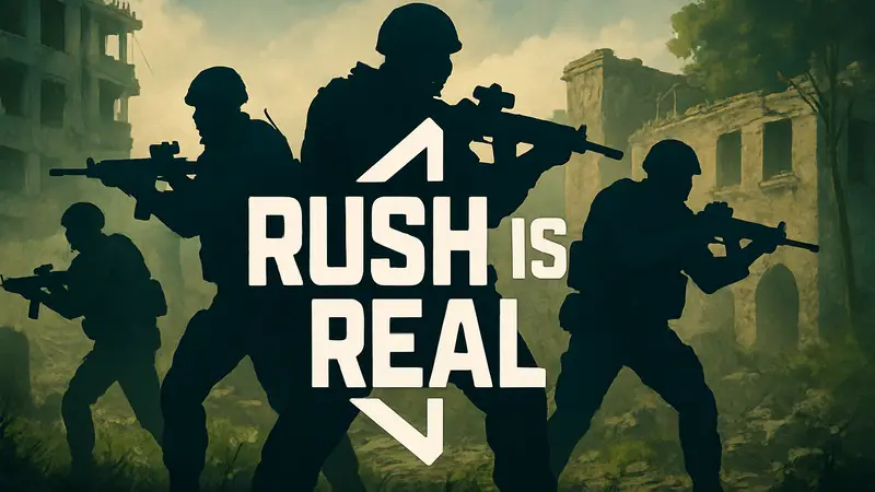 Логотип игры Rush is Real на фоне силуэтов тактических шутеров, символизирующий новый подход к жанру.