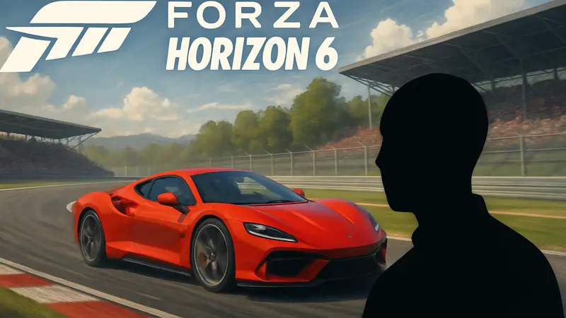Логотип Forza Horizon 6 на фоне быстро едущего спортивного автомобиля на гоночной трассе.