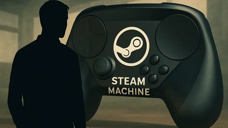 Логотип Steam Machine на фоне игрового контроллера от Valve, объясняющий задержку.