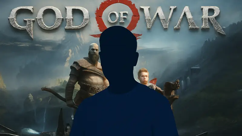 Кори Барлог, креативный директор серии God of War, на фоне логотипа игры.