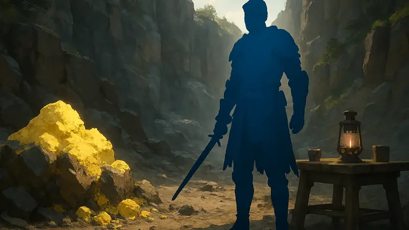 Персонаж Crimson Desert, стоящий рядом с месторождением серы или крафтовым столом, готовый к добыче.