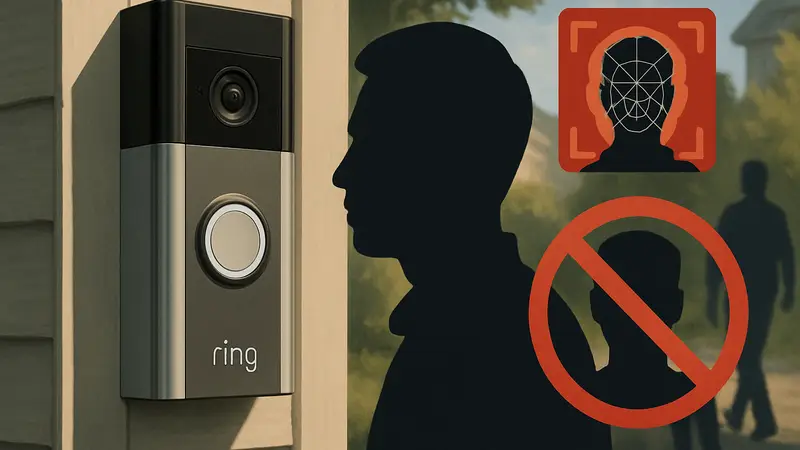 Камера Amazon Ring с символами, указывающими на нарушение конфиденциальности данных распознавания лиц