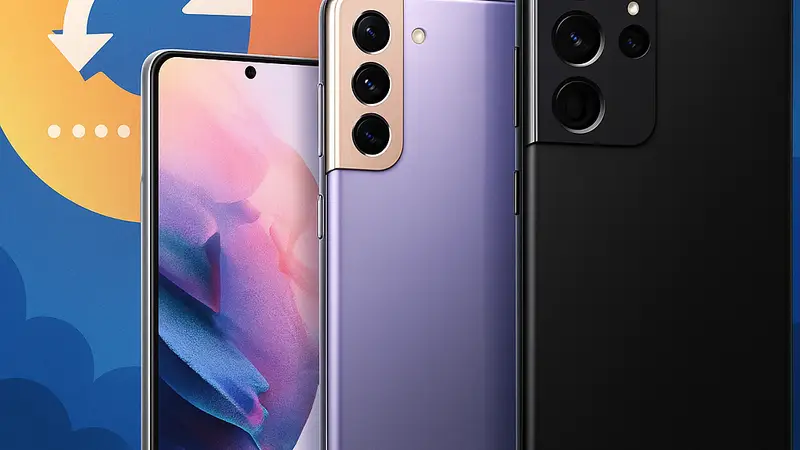 Изображение смартфонов Samsung Galaxy S21, S21 Plus и S21 Ultra на фоне последних обновлений.
