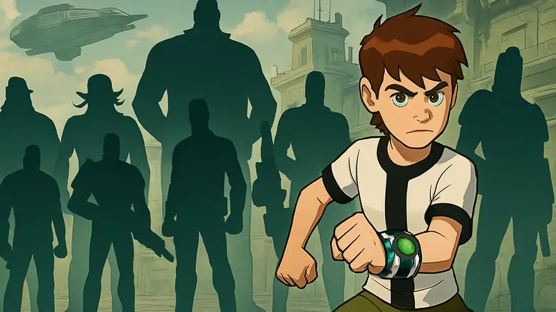 Бен Теннисон с Омнитриксом и различные Сантехники из вселенной Ben 10, стоящие вместе, готовые к бою.