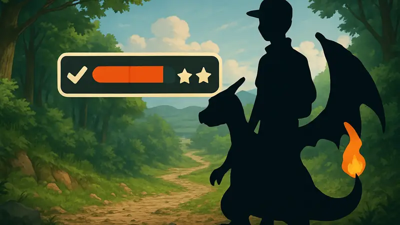 Покемон-тренер с покемоном, на фоне которых стилизован счётчик Victory Points, символизирующий гринд.