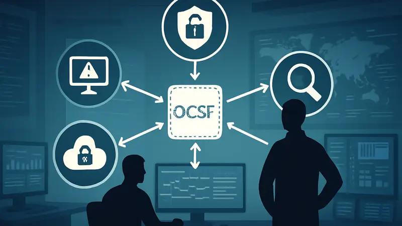 График или схема, показывающая взаимодействие систем кибербезопасности через общий язык OCSF.