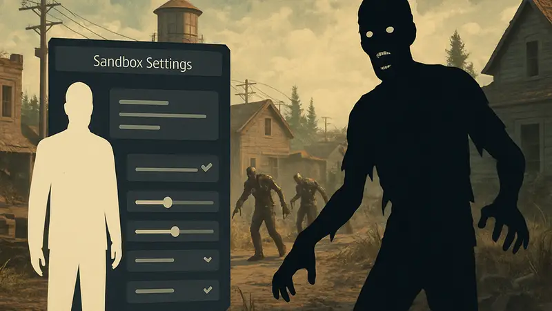 Зомби из 7 Days to Die и элементы интерфейса игры с настройками песочницы