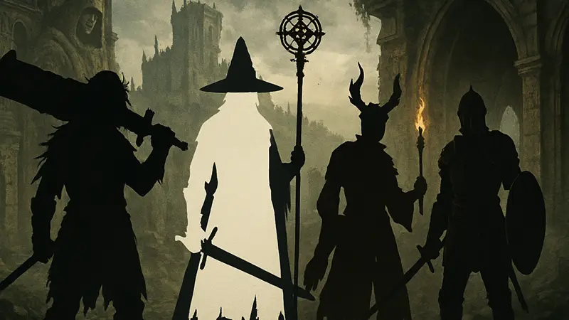 Коллаж из различных игровых персонажей из Soulslike игр FromSoftware, демонстрирующих разные билды.