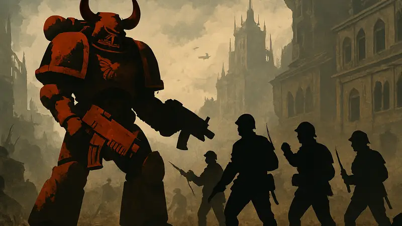 Косплееры в образах космодесантника Хаоса и бойцов Астра Милитарум из Warhammer 40,000