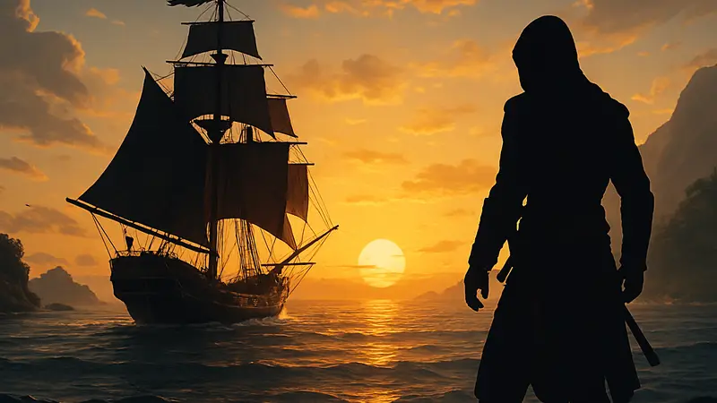 Игровой скриншот Assassin's Creed Black Flag с пиратским кораблем "Галка", плывущим по морю на закате.