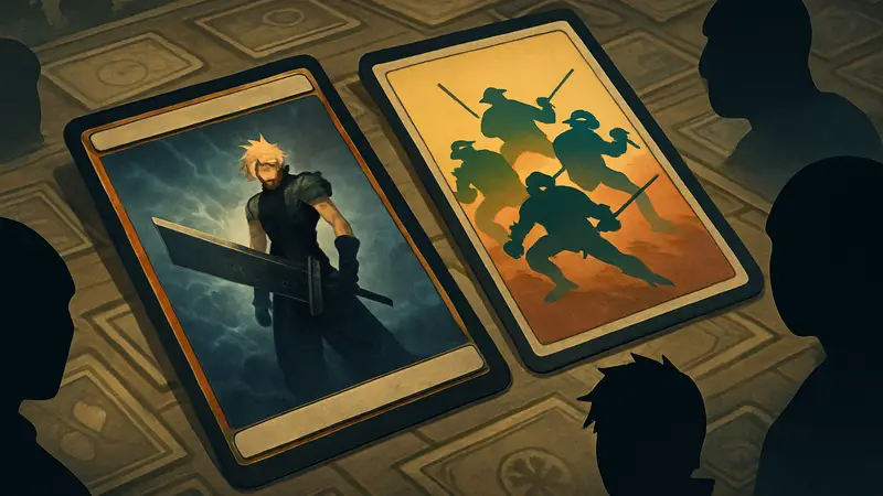 Изображение карт Magic: The Gathering с Клаудом Страйфом и персонажами Черепашек-ниндзя, лежащих на игровом поле Commander.