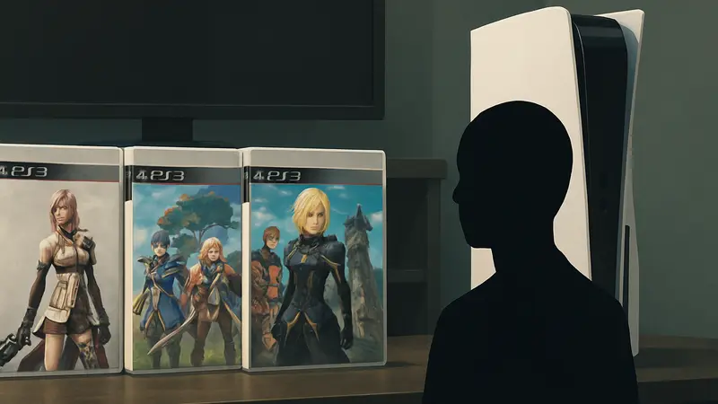 Коллекция дисков JRPG для PlayStation 3 на фоне современной консоли, ожидающей ремастеров.