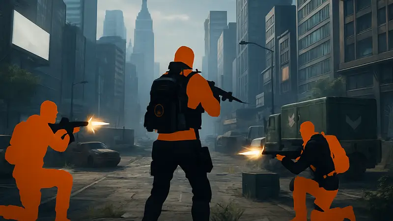 Игровой скриншот The Division Resurgence с агентами в футуристическом городе, ведущими перестрелку.