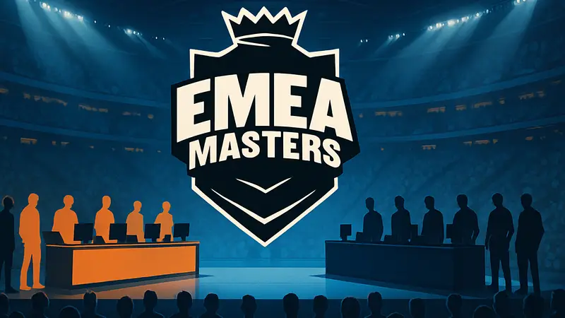 Логотип турнира EMEA Masters на фоне киберспортивной арены с командами.