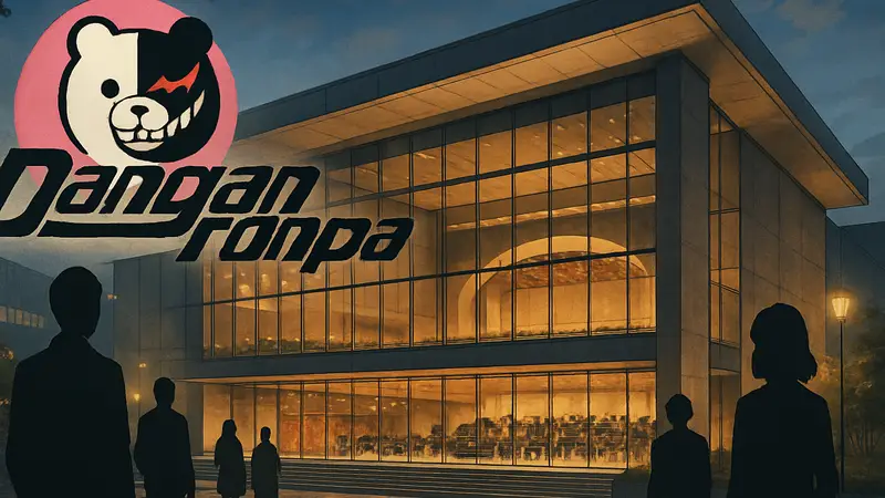 Логотип Danganronpa и концертный зал, анонс симфонического концерта в Сибуе.