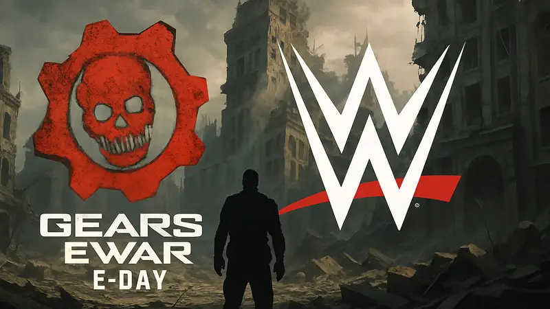 Логотипы Gears of War E-Day и WWE на фоне разрушенного города, намекая на дату релиза.