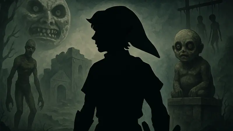 Линк из Ocarina of Time на фоне зловещих элементов лора, подчеркивающих мрачность игры.