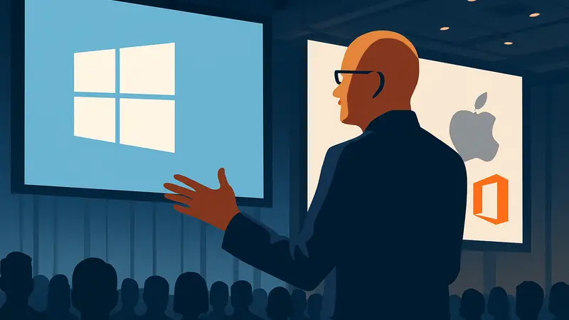 CEO Microsoft Сатья Наделла на конференции, говорящий об истории Windows и Office.