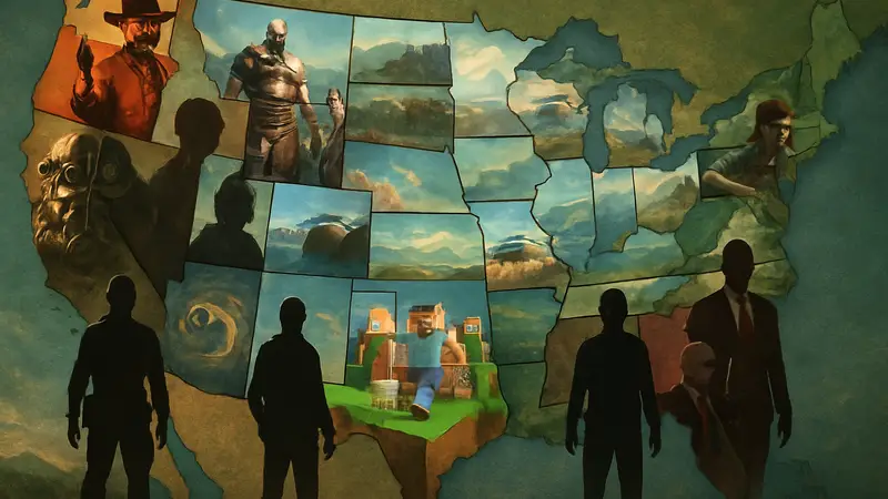 Карта США, разделённая на штаты, с игровыми обложками или персонажами для каждого региона.