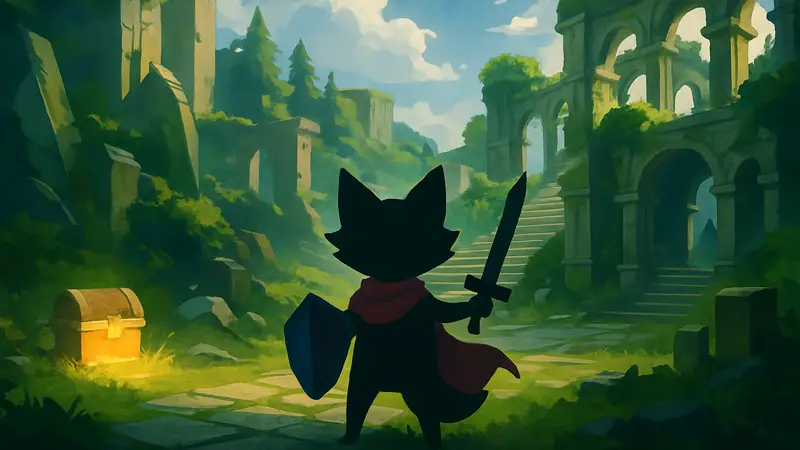 Игровой скриншот Tunic с лисенком-героем в фэнтезийном мире