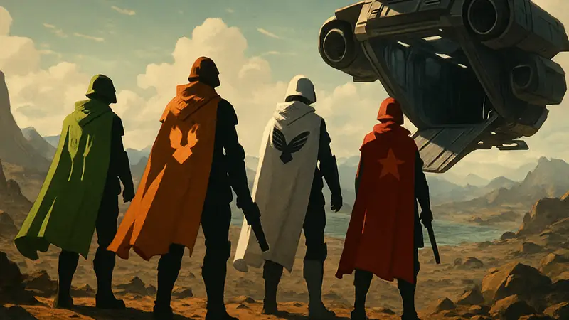 Группа игроков в Helldivers 2 с различными уникальными плащами готовятся к десантированию на инопланетной планете.