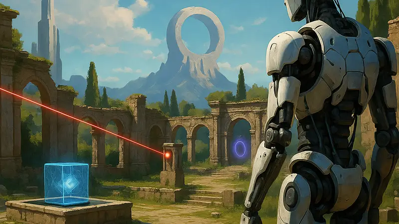 Логотип игры The Talos Principle 2 на фоне скриншота из игры, демонстрирующего головоломки и футуристические пейзажи.